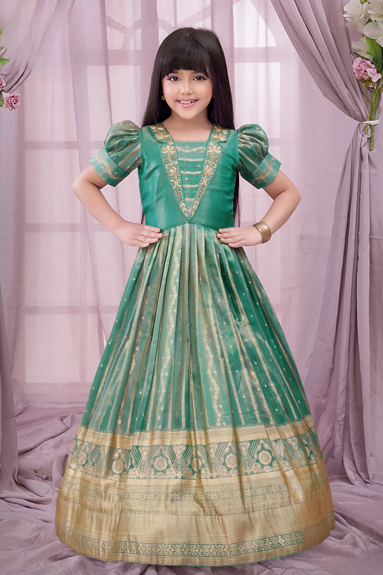 Sea Green Zari, Zardozi, Beads and Stone work Long Party Gown